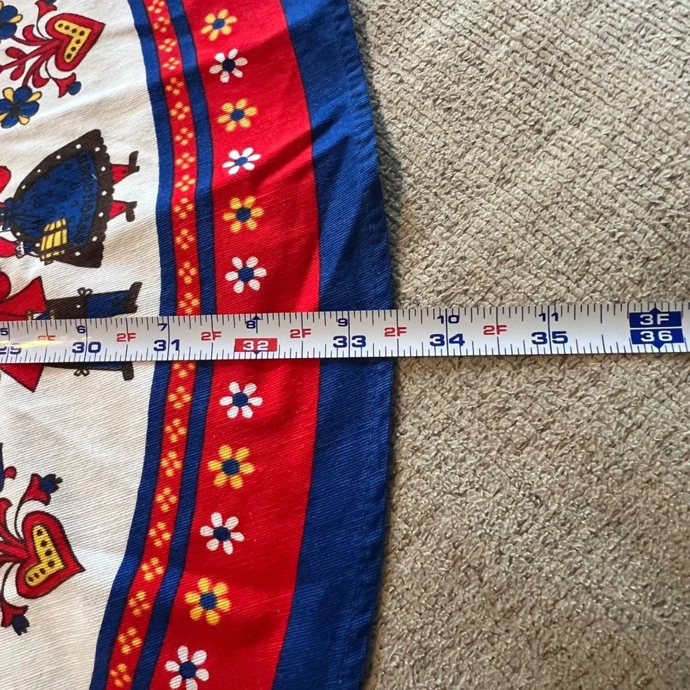 Vintage Kolf Scandinavian Folk Art Round Tablecloth Red Blue 100% Cotton 33.5 in